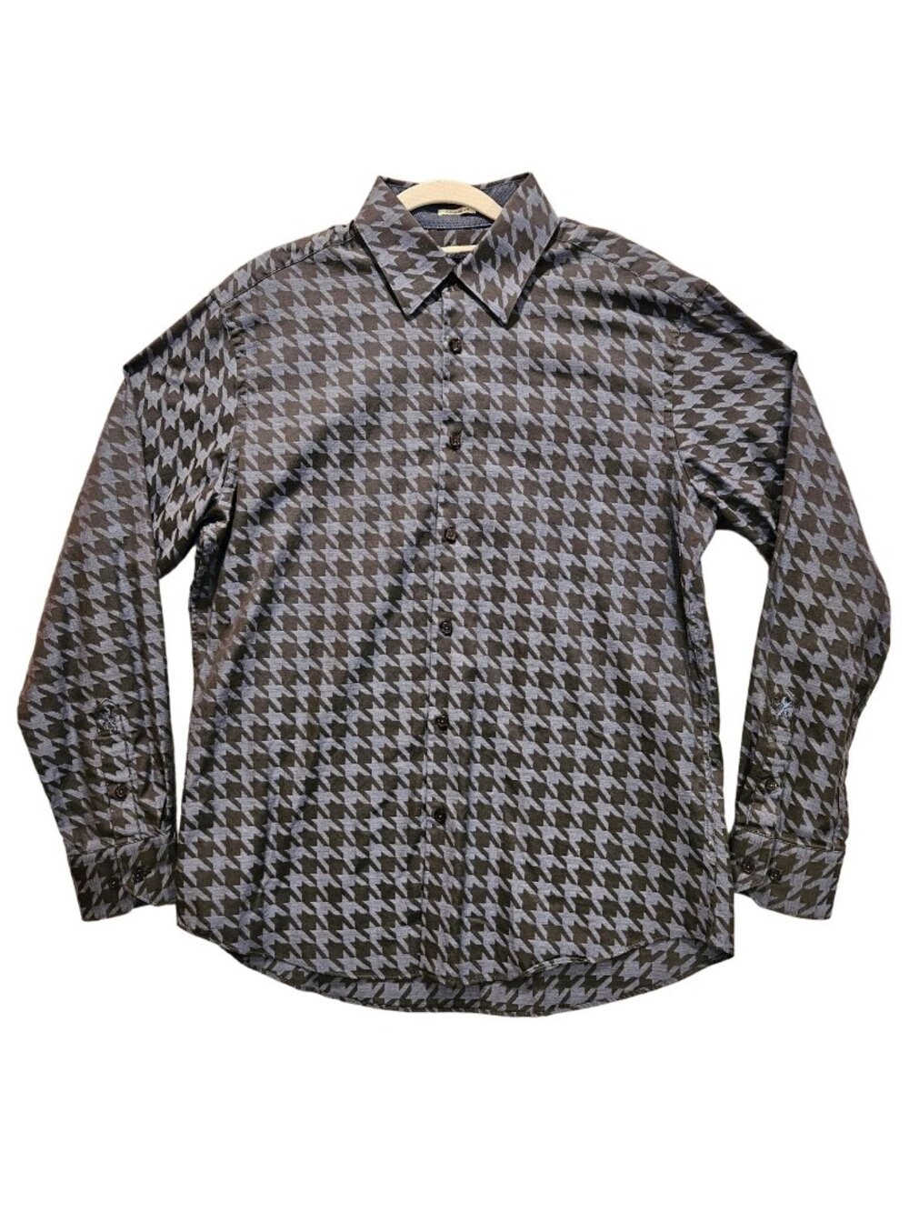BUGATCHI dress shirt Mens L chest 44 geometric blue black shaped fit flip cuff